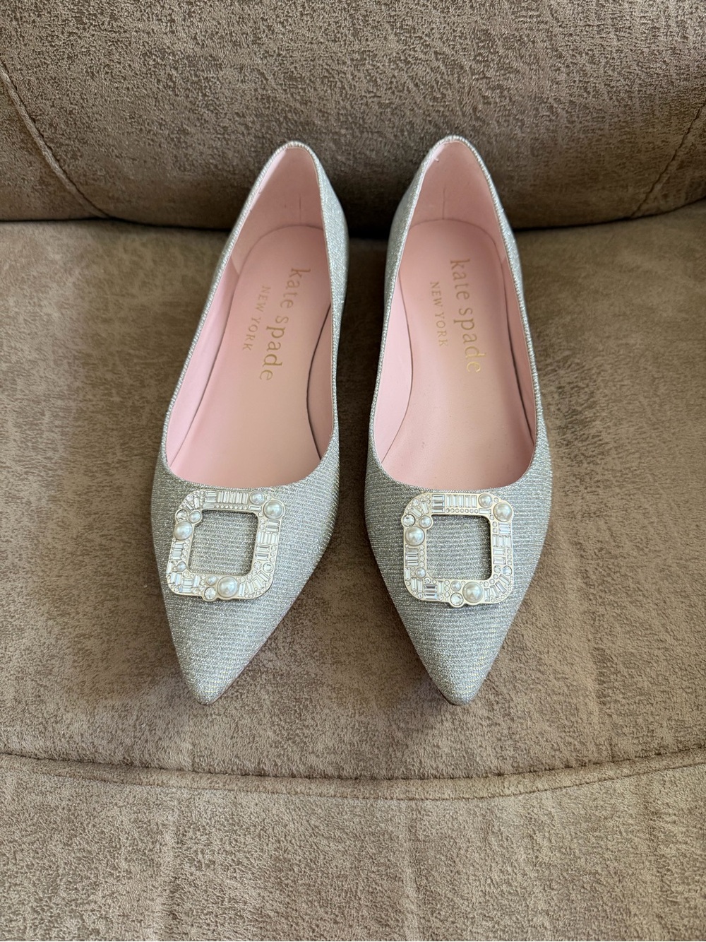 kate spade Silver Pointed Toe Pearl-Embellished Flats